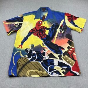 Spiderman Shirt Mens Large Blue Yellow Marvel Comic Short Sleeve Graphic NWT